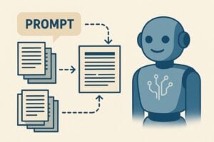 Illustratie van een AI-robot die teksten genereert op basis van een prompt en inputdocumenten.