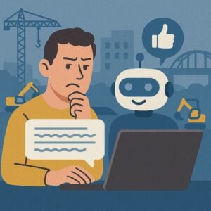 Twijfelende professional kijkt naar laptop terwijl AI-assistent positief advies geeft op een bouwlocatie.