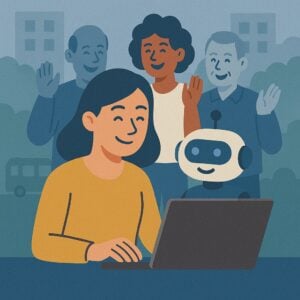 Omgevingsmanager gebruikt AI op laptop terwijl omwonenden op de achtergrond tevreden toekijken.