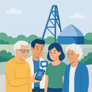 Illustratie van omwonenden die via een smartphone geïnformeerd worden 