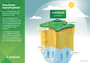 Infographic van Nobian met doorsnede van een zoutwingebied, met zoutlocaties, cavernes en pompstation.